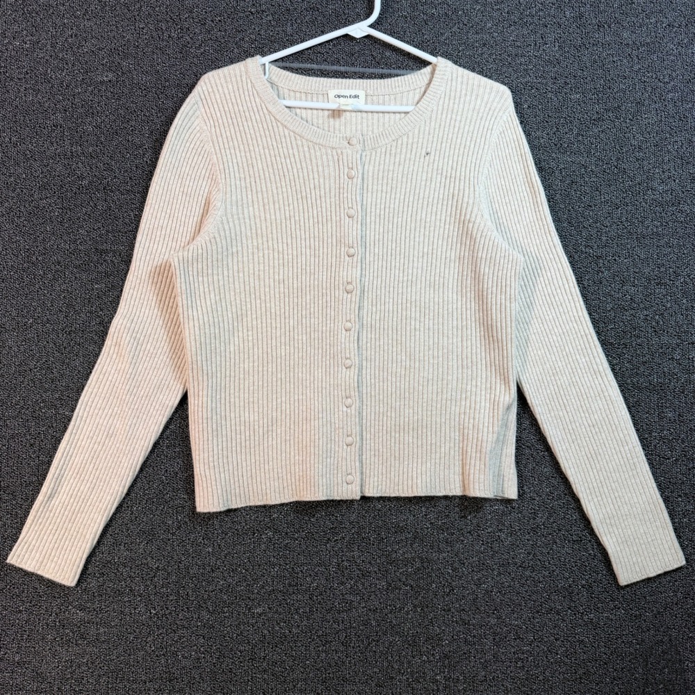 Open Edit Ribbed Knit Cardigan Women's XL Oatmeal‎ Beige Cashmere Wool Blend